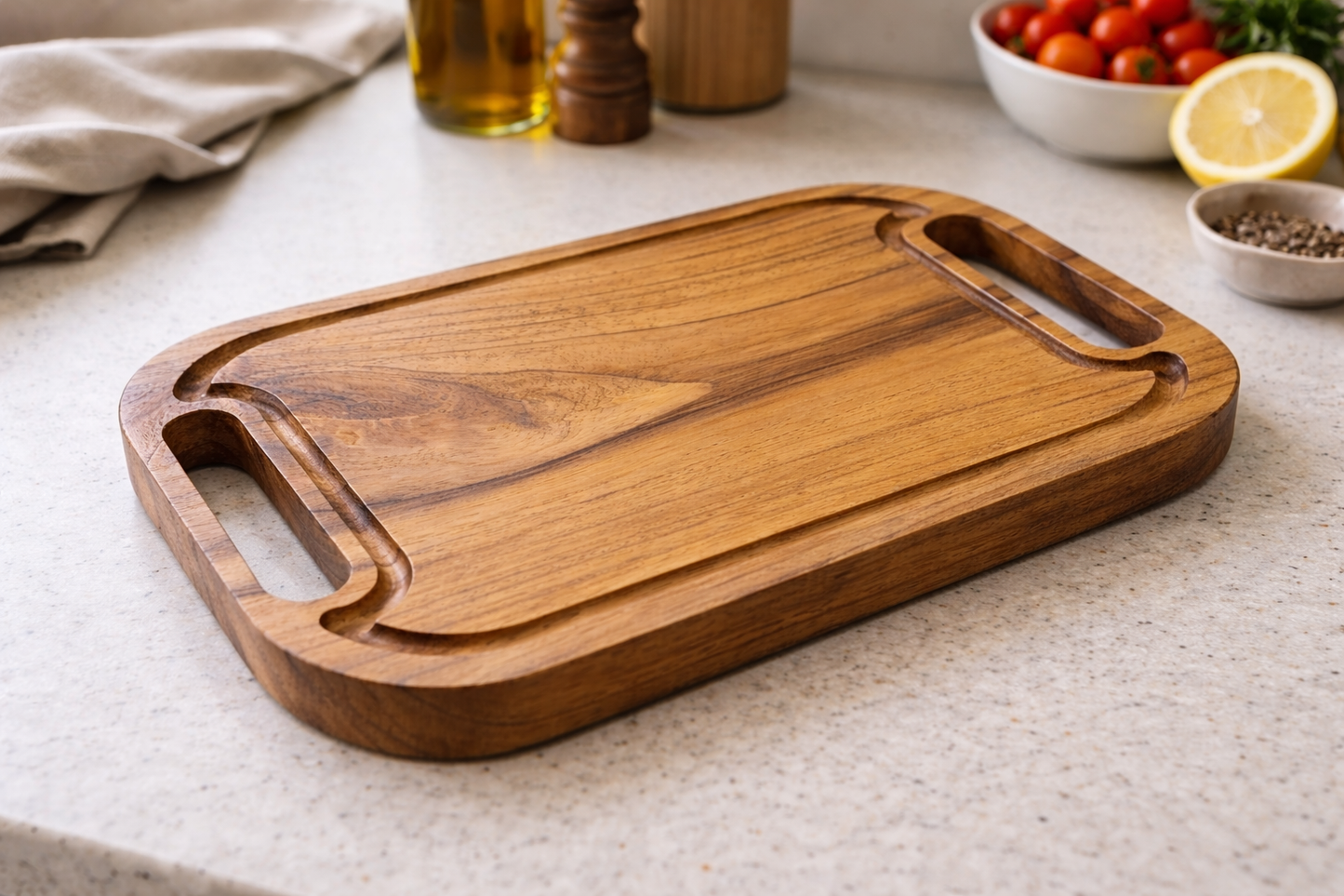 Tabla para Cortar y Servir de Madera Teca Premium con Agarraderas – Tabla para Carne, Asados y Charcutería