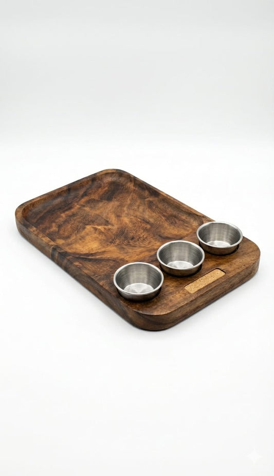 Charola de Servicio de Parota con Salseros | Tabla para Carnes, Tacos y Hamburguesas