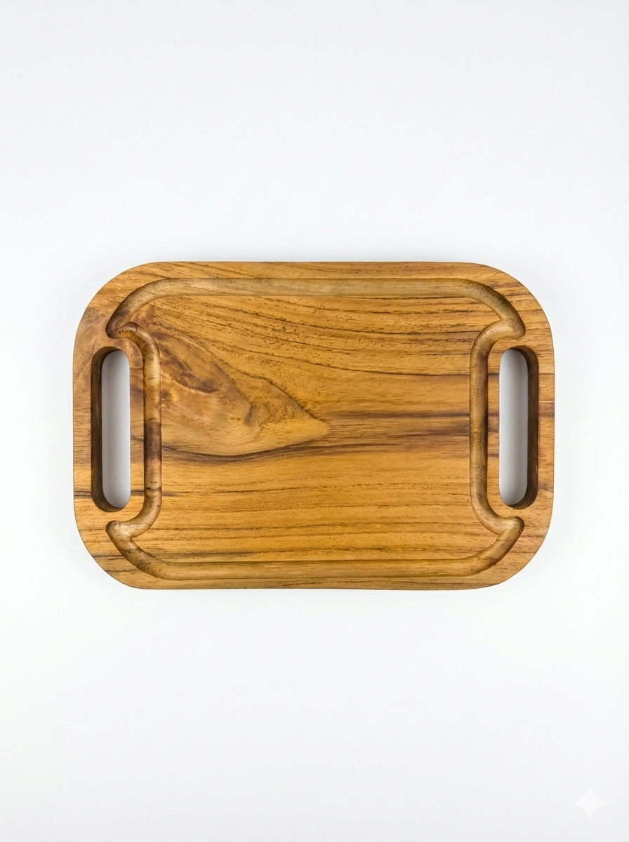 Tabla para Cortar y Servir de Madera Teca Premium con Agarraderas – Tabla para Carne, Asados y Charcutería