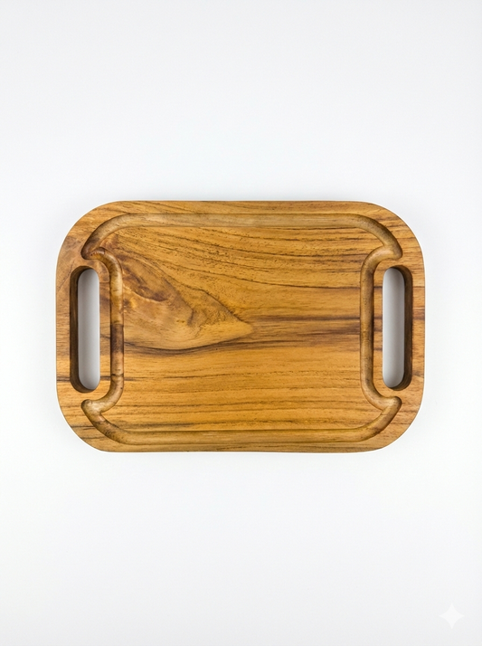 Tabla para Cortar y Servir de Madera Teca Premium con Agarraderas – Tabla para Carne, Asados y Charcutería