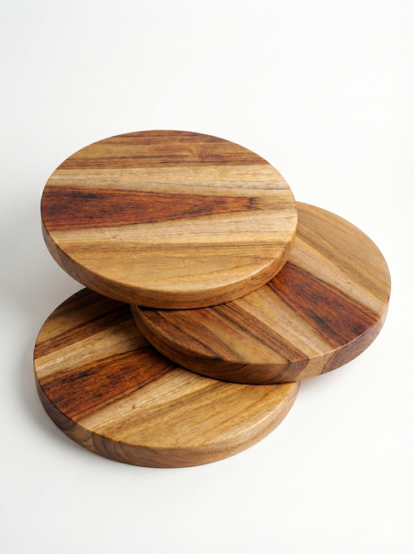 Set de 3 piezas tabla Redonda de Madera Teca 25x25 cm | Acabado Natural con Aceite Mineral y Cera de Abeja